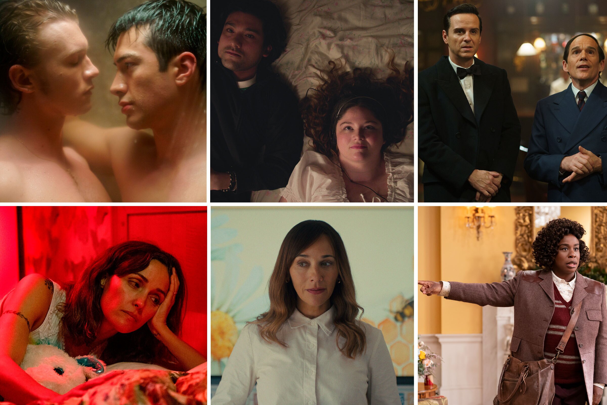 Clockwise, starting in the top left: Connor Storrie and Hudson Williams in <em>Heated Rivalry. </em>Will Sharpe and Meg Stalter in <em>Too Much. </em>Andrew Scott and Ethan Hawke in <em>Blue Moon.</em> Uzo Aduba in <em>The Residence. </em>Rashida Jones in <em>Black Mirror. </em>Rose Byrne in <em>If I Had Legs I